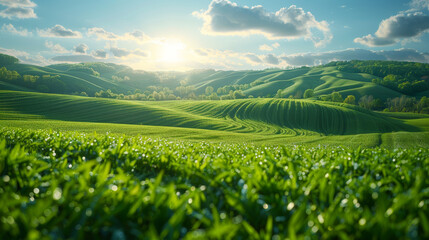 Fototapeta premium A Serene Symphony of Nature: A Rolling Summer Landscape with Lush Green Grass Field Under the Expansive Blue Sky