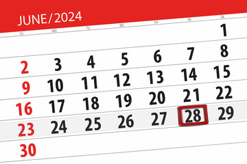 Fototapeta premium Calendar 2024, deadline, day, month, page, organizer, date, June, friday, number 28