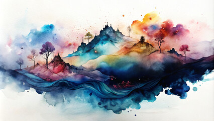 Abstract watercolor artwork with colorful splashes and washes