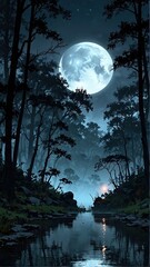 Sure, here is a description for an image combining moon and trees at night:

Dark night landscape with a full moon glowing through the trees