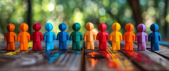 LGBT paper people standing in a row on a wooden table, with a blurred background. A community of people concept with copy space for text or design.