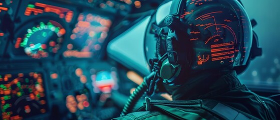 Closeup half body of a pilot with Glow HUD big icon of aviation
