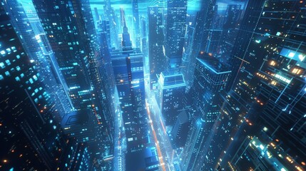 Smart city concept with eco-friendly tech solutions like IoT connected public services, energy-efficient buildings, and clean transport, digital overlay on urban landscape future city