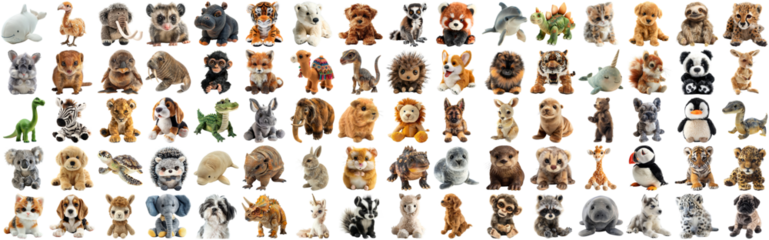 Big set of cute fluffy animal dolls for nursery and children toys, many animal plush dolls photo collection set, isolated background AIG44