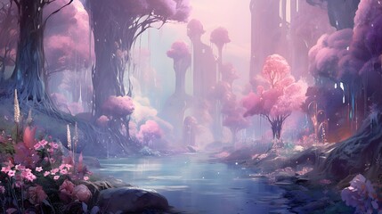 Fantasy landscape with river, trees and fog. 3d rendering