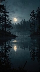 Sure, here is a description for an image combining moon and trees at night:

Dark night landscape with a full moon glowing through the trees