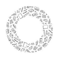 Frame of hand drawn Artist tools in doodle style round frame background