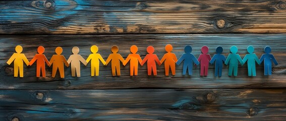 LGBT paper people on a wooden background, symbolizing diversity and unity in society.