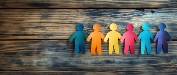 LGBT paper people on a wooden background, symbolizing diversity and unity in society.