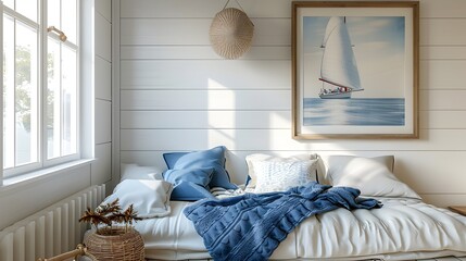 Cozy Nautical-Themed Bedroom with Framed Sailing Poster in Scandinavian Style