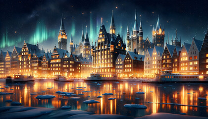 Obraz premium Northern Lights Over Snowy Cityscape with Reflections in Frozen River