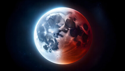 Fototapeta premium Stunning Lunar Eclipse Showing Half-Red Blood Moon and Half-Blue Moon in Space