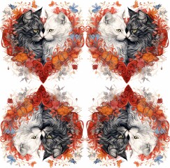 pattern set of black and white cats in a red heart shape 