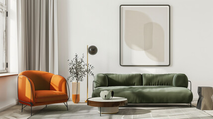 copy space, mockup, green lounge chair near amber sofa, art poster frame, design of modern living room. Modern living space with amber and green tones. Modern artwork on the wall.