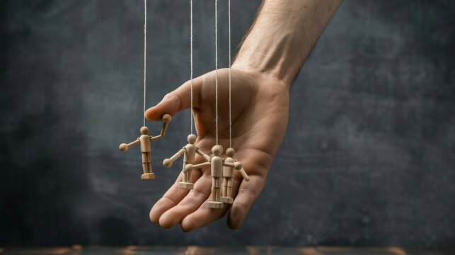 In this case it is a marionette on strings, and the hand is controlling it.