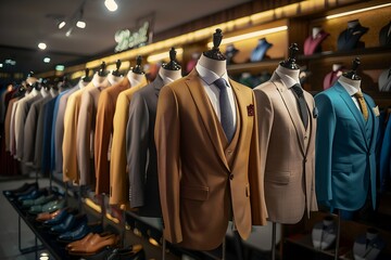 Fototapeta na wymiar a lineup of bespoke men's suits arranged in an elegant boutique