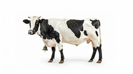 Side view illustration of a black and white cow with a bell, isolated against a white background.