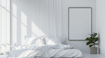 Showcasing a clean, white bedroom scene with either a blank wall or a blank frame for art.