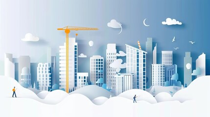 Fototapeta premium Urban development depicted in a papercut vector illustration, featuring skyscrapers, construction sites, and an engineering team. Captures the essence of city growth and industrial progress.