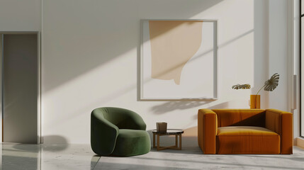 copy space, mockup, green lounge chair near amber sofa, art poster frame, design of modern living room. Modern living space with amber and green tones. Modern artwork on the wall.