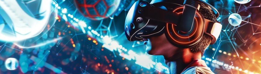 Futuristic concept of sports played in virtual reality setups, rendered in colorful modern styles, with a closeup cinematic sharpen