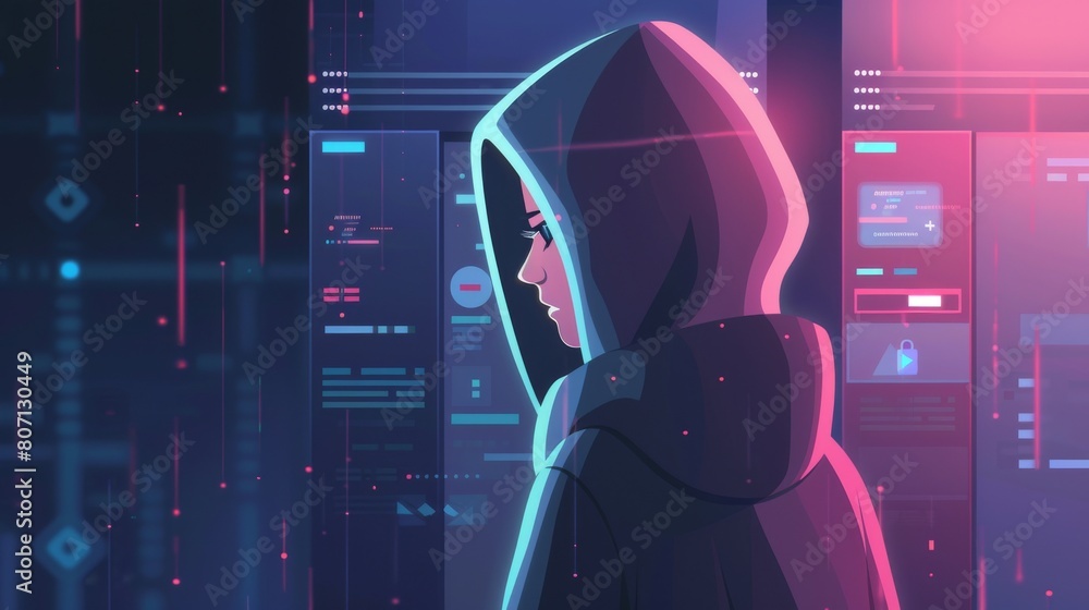 Poster hacker wearing a hoodie is compromising computer networks.