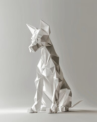 3D rendered beautiful dog origami, ad mockup isolated on a white and gray background.