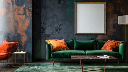 copy space, mockup, green lounge chair near amber sofa, art poster frame, design of modern living room. Modern living space with amber and green tones. Modern artwork on the wall.