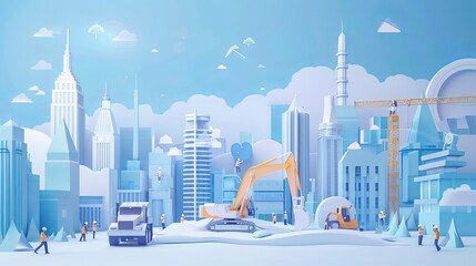 Obraz premium Vector illustration in a modern craft paper art style, showcasing a construction site with engineers and workers. Represents the home building industry concept.