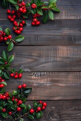 Vibrant Red Berries with Green Leaves on Rustic Wooden Background