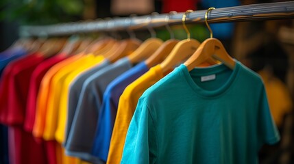Obraz premium a vibrant and colorful selection of t-shirts hanging neatly in a row on wooden hangers