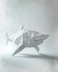 3D rendered beautiful shark origami, ad mockup isolated on a white and gray background.