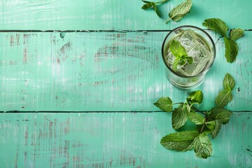 Obraz premium Refreshing Mint Infused Water on Rustic Turquoise Wooden Background