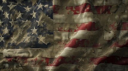 Close-up of a faded and frayed American flag, standing against an expansive American backdrop, representing the journey through the heartland, isolated