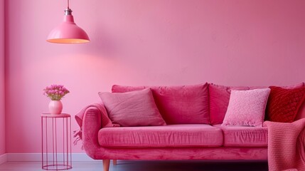   A pink living room featuring a plush pink couch, a circular pink table adorned with a vase of flowers, and a soft pink floor lamp