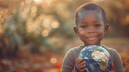   A child tightly grips a small globe in focus, surrounded by a distant blur of trees and bushes