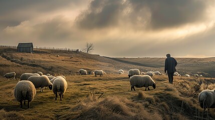 A man is checking sheep in a farm on a hill.