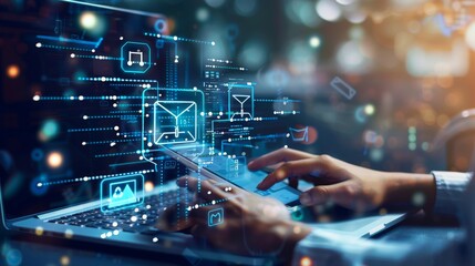 Icon of a diploma on a laptop, smartphone and human hand. Abstract collage of an online education concept.