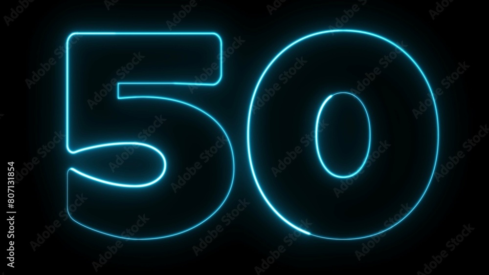 Poster 50 number text font with neon light. luminous and shimmering haze inside the letters of the text fif