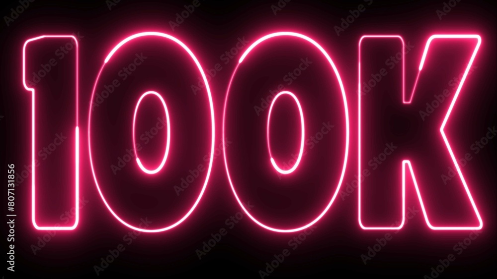 Poster 100k text font with light. luminous and shimmering haze inside the letters of the text 100k. 100 k n