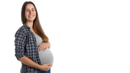 Pregnant Woman holding belly isolated on white transparent isolated background, Happy pregnant woman expecting baby 
