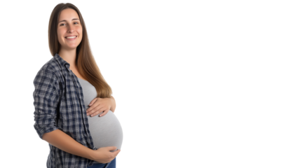 Pregnant Woman holding belly isolated on white transparent isolated background, Happy pregnant woman expecting baby 
