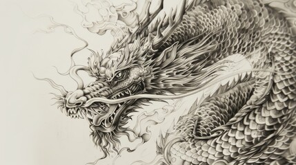 Close-up of an intricately designed dragon tattoo, conveying power and mystery, with scales and flames, inked against a stark isolated background