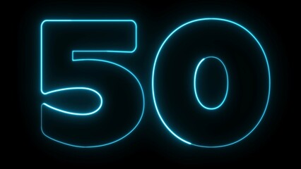50 number text font with neon light. Luminous and shimmering haze inside the letters of the text 
fifty. 50 number neon sign.
