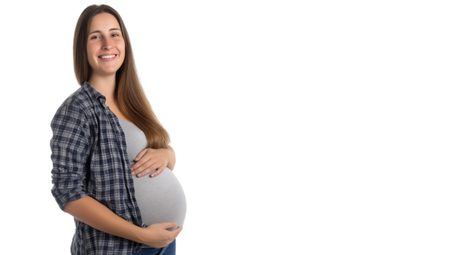 Pregnant Woman holding belly isolated on white transparent isolated background, Happy pregnant woman expecting baby 
