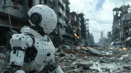 Fototapeta premium Military robot in destroyed city. Future apocalypse concept