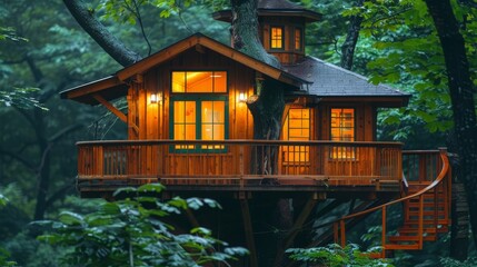   Tree house nestled in forest's heart, boasts spiral staircase ascending to tree summit