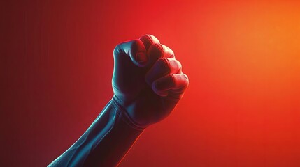 A strong, muscular arm is raised in a fist