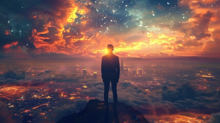 Fototapeta premium The vision of a businessman standing with a back view overlooking a bustling city skyline, dreaming of future business success and leadership opportunities.