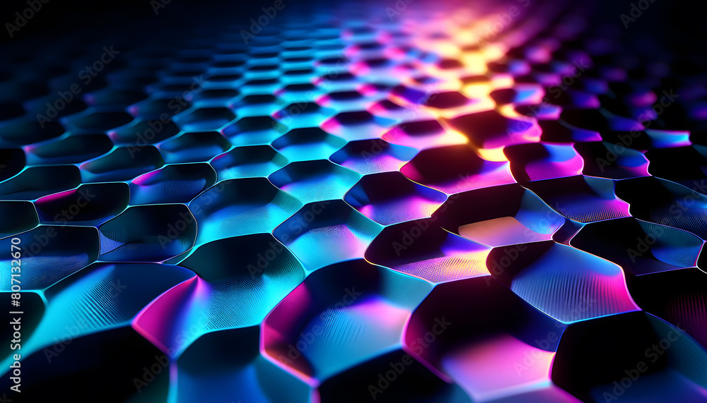 Poster a futuristic hexagon pattern design with a gradient light effect from purple to blue.